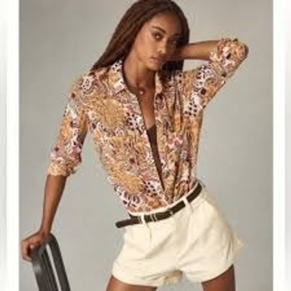 Pilcro Women Button Down Large Orange Floral Paisley Long Sleeve Boho Top